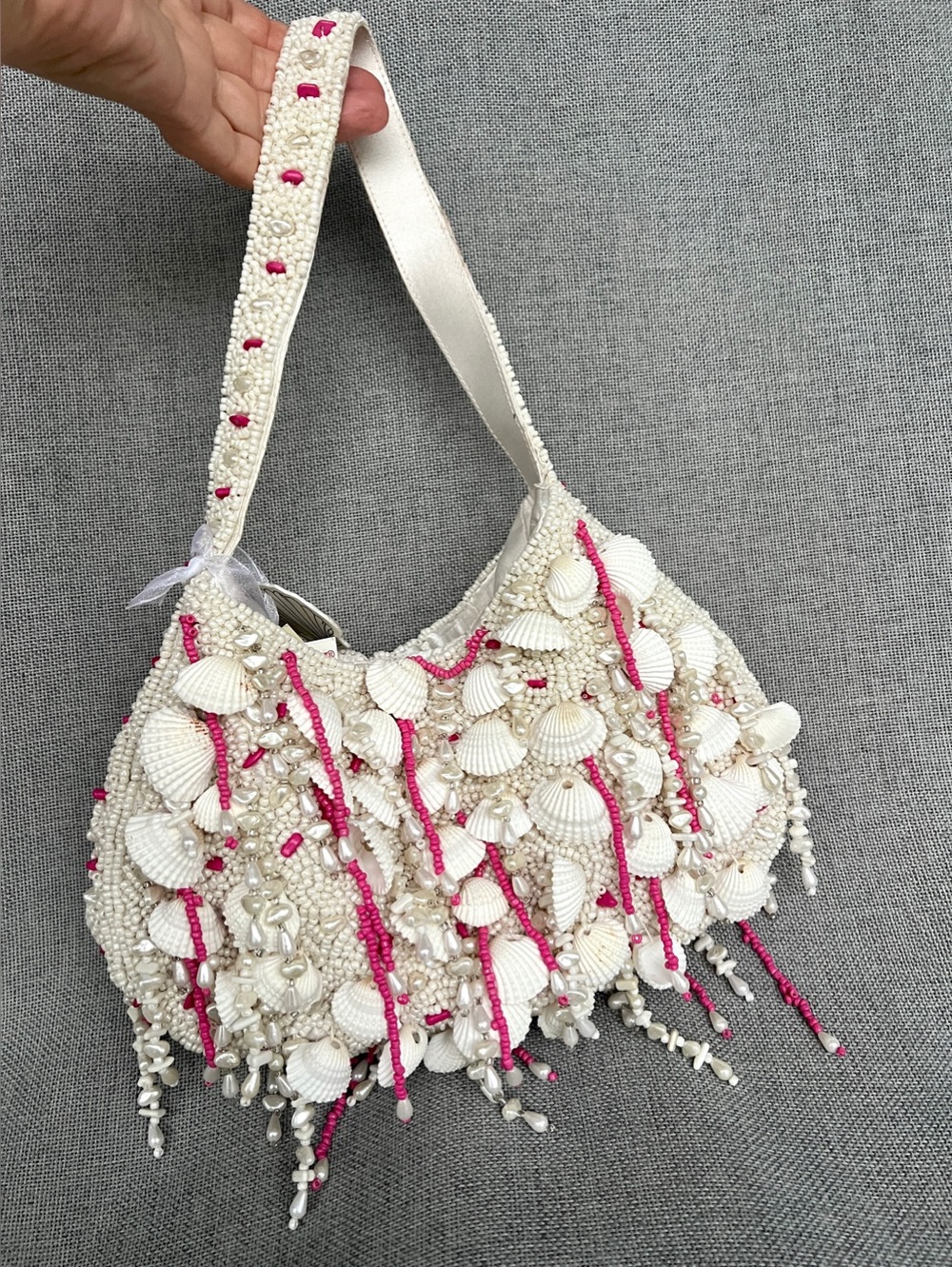 Handmade in India sea shells pearls beaded small hobo shoulder bag cream pink